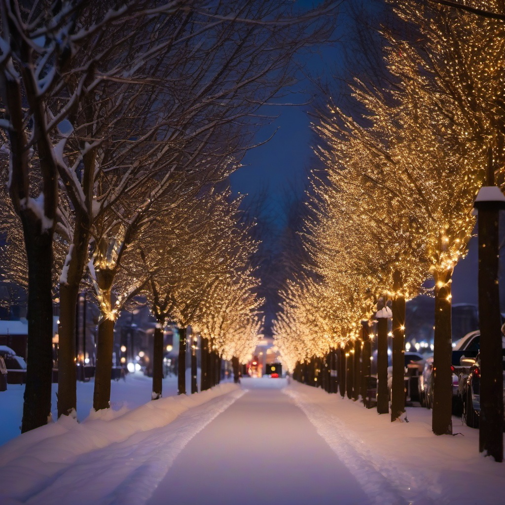 Holiday Lights in a Snowy Town  background picture, close shot professional product  photography, natural lighting, canon lens, shot on dslr 64 megapixels sharp focus