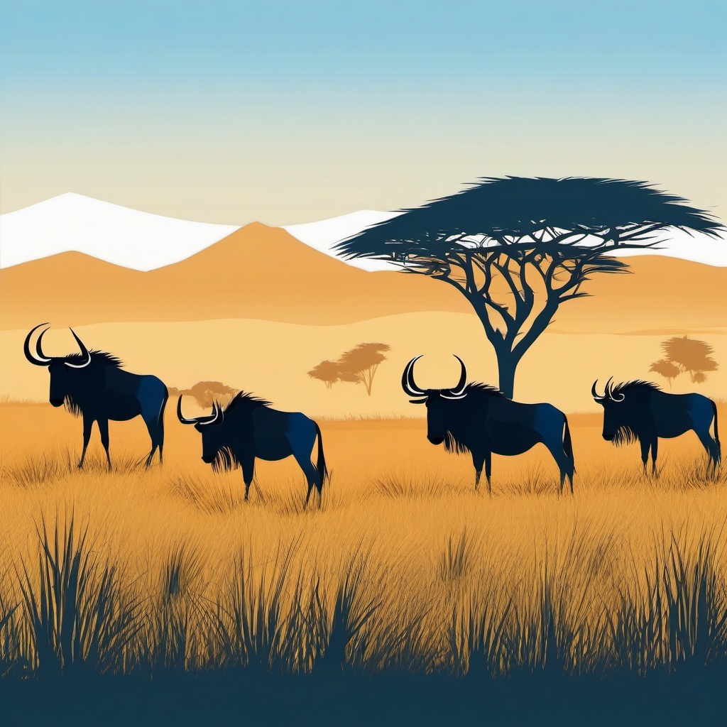 Blue Wildebeest Clip Art - Blue wildebeest on the African savanna,  color vector clipart, minimal style