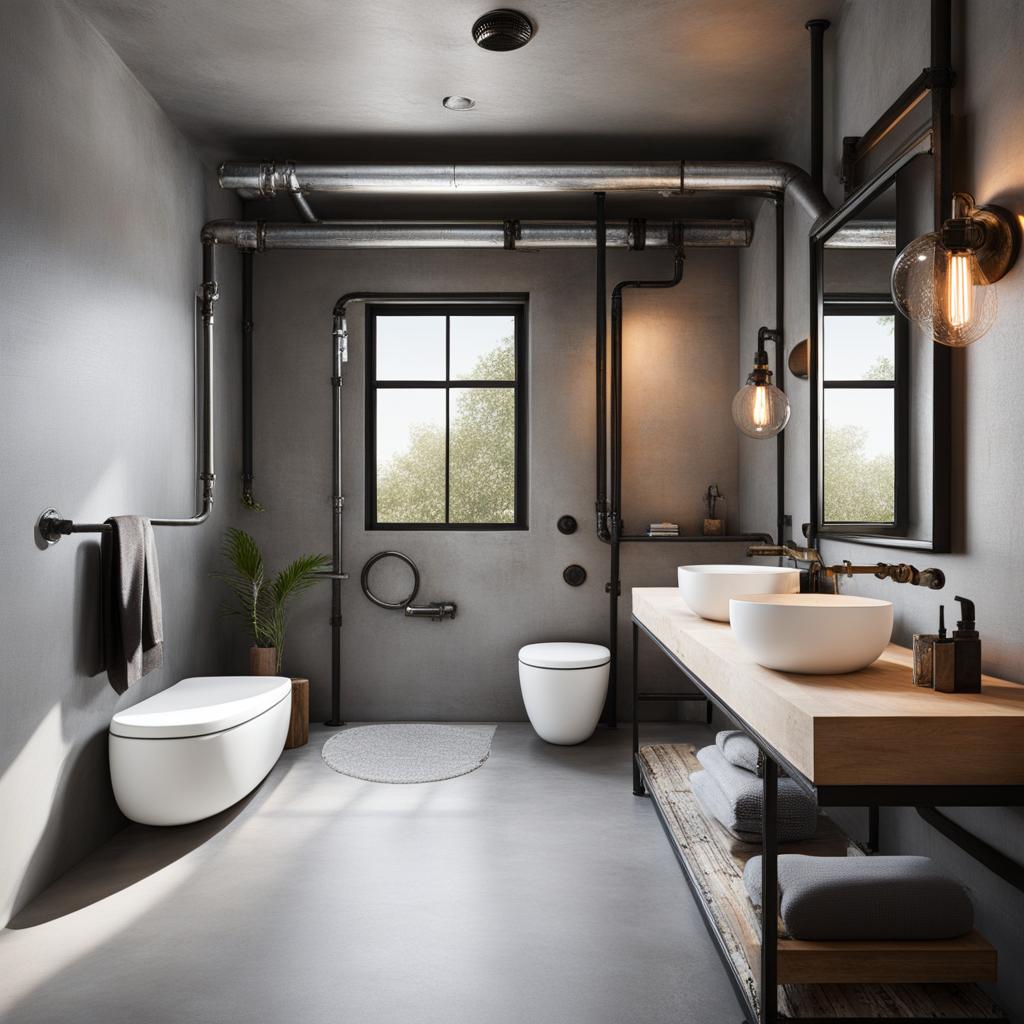 industrial-style bathroom with exposed pipes and metal accents. 