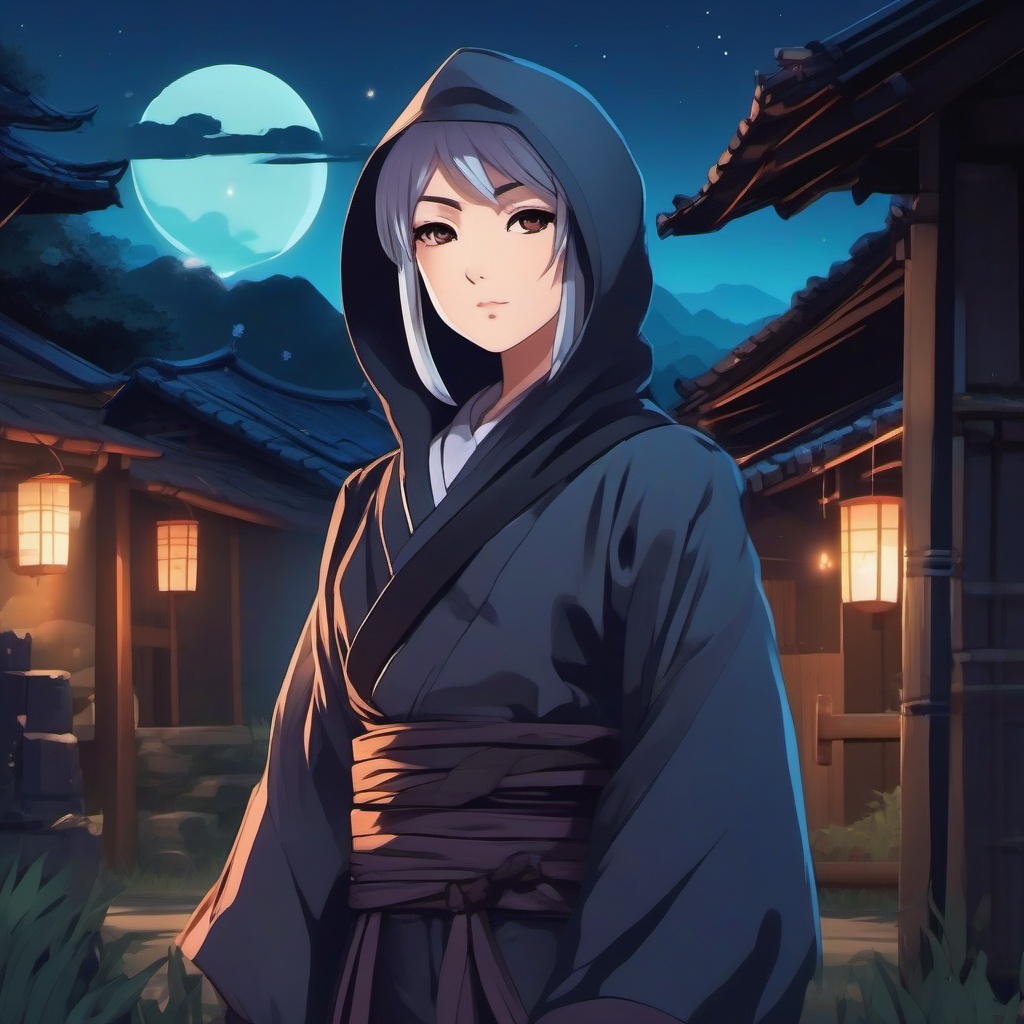 Stealthy ninja character in a moonlit village.  front facing ,centered portrait shot, cute anime color style, pfp, full face visible