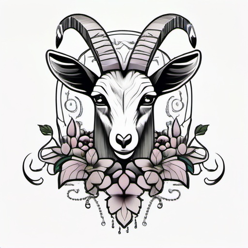 Goat with grapes and ivy leaves  ,tattoo design, white background