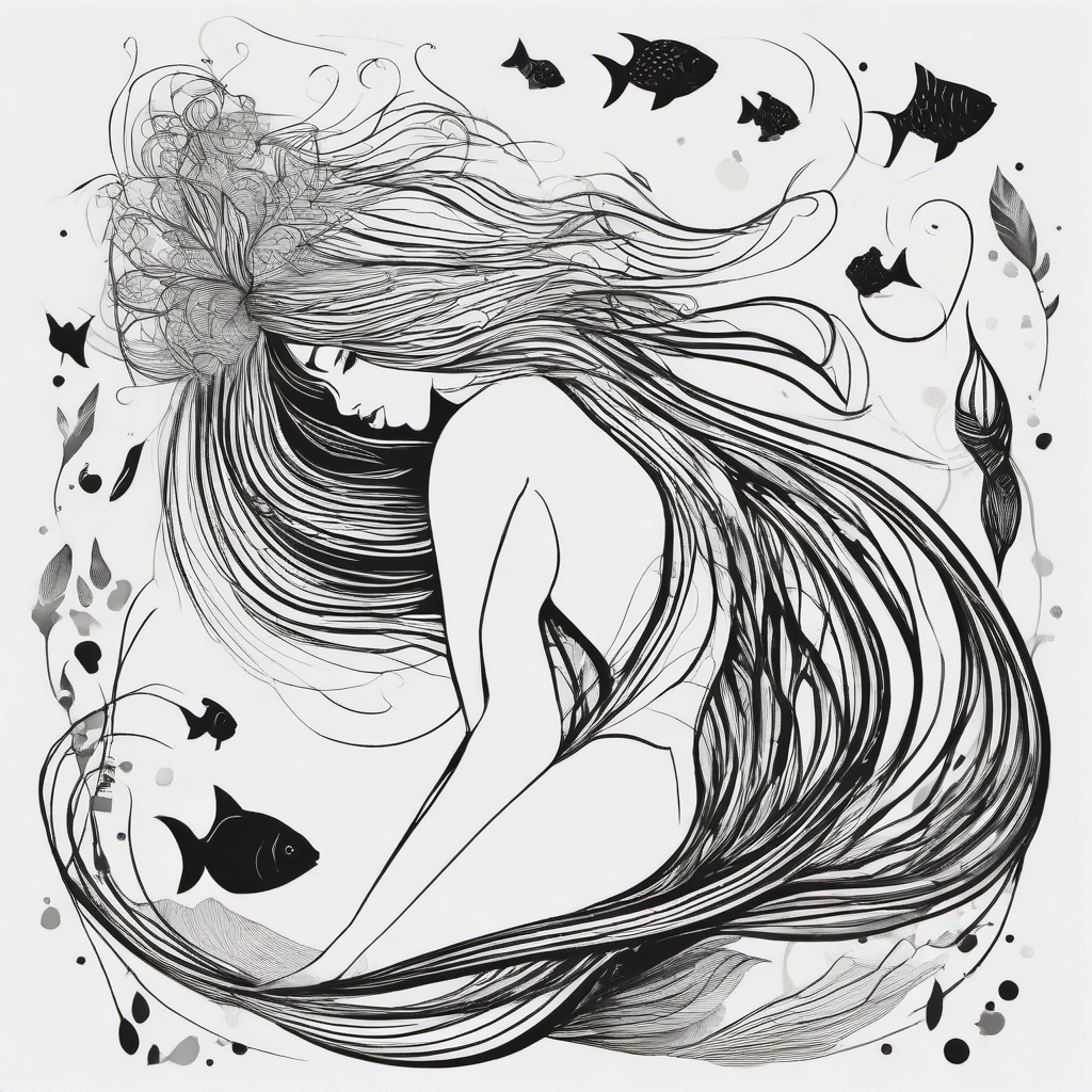 drawing of mermaid  minimal rough scribbles,doodles,black and white