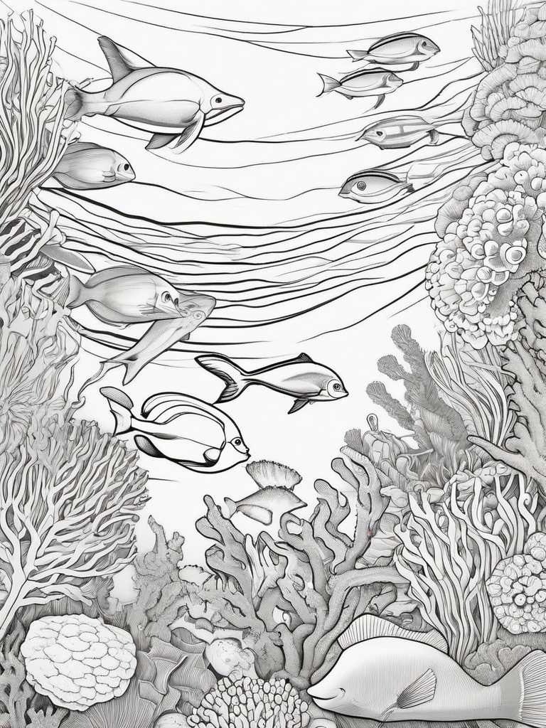 Sea Animal Coloring Pages - Diverse sea animals gathering around a coral reef  simple coloring pages