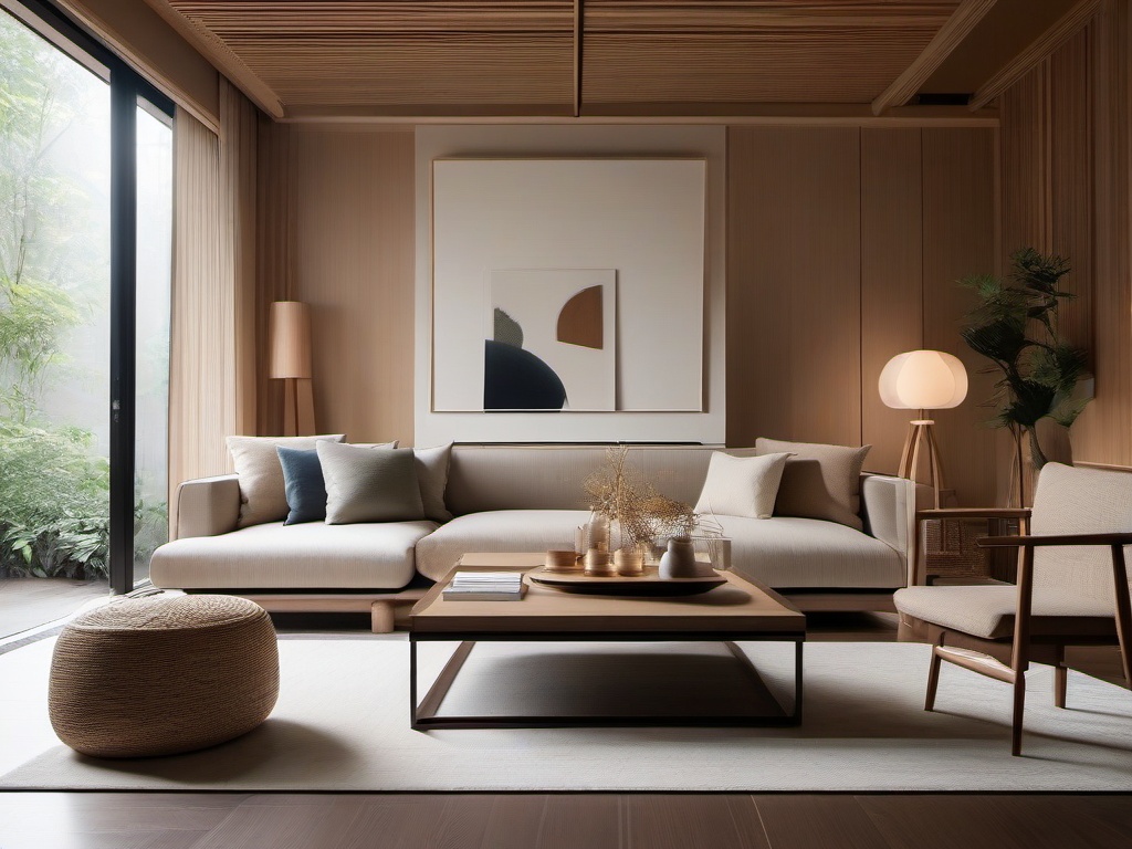 Japandi interior design in the living room features a harmonious blend of natural materials, neutral colors, and minimalist furnishings that create a serene and inviting atmosphere.  