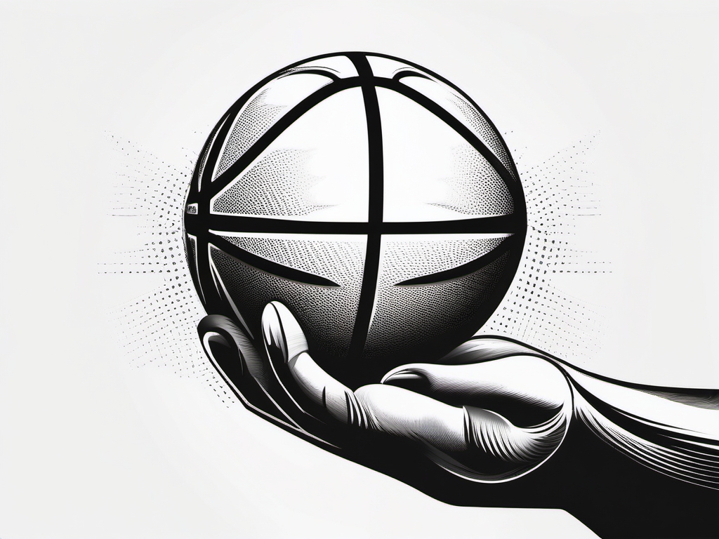 Basketball in hand tattoo. Grip on the game.  black white tattoo style, minimalist design,white background