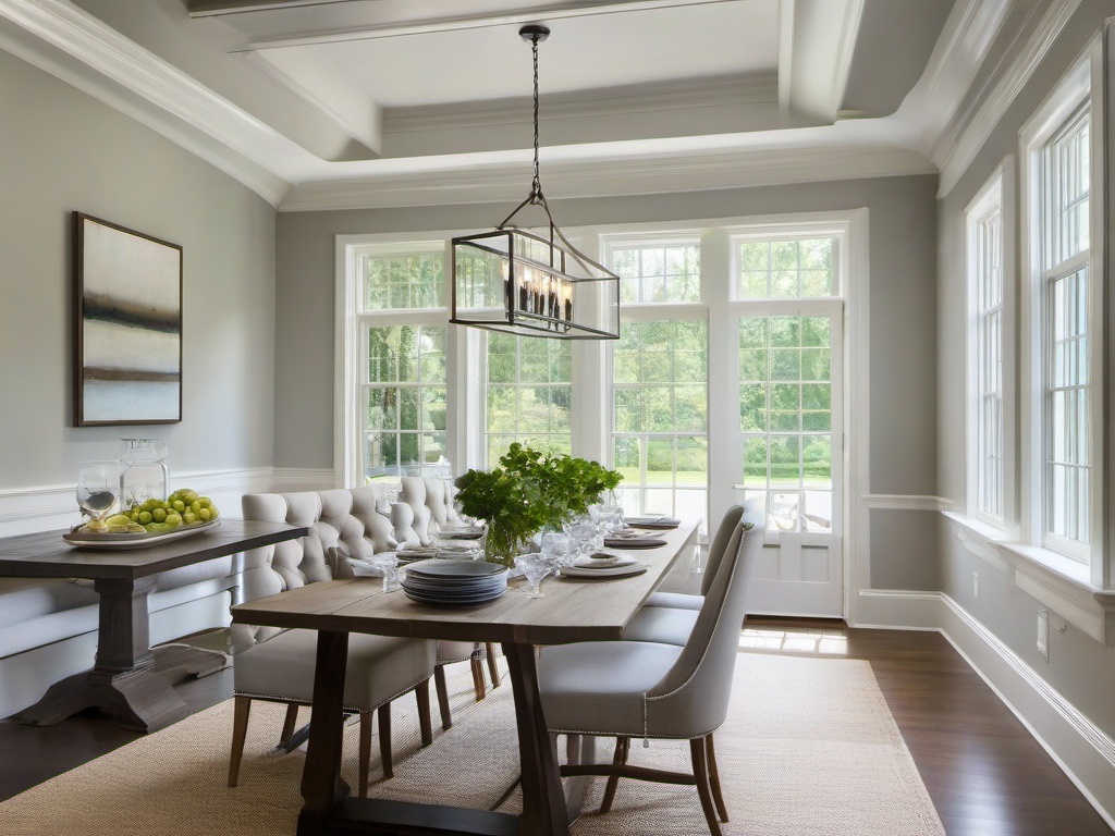 The dining room embodies Hampton interior design with a large farmhouse table, comfortable seating, and light-drenched windows that invite the outdoors in for a casual yet elegant dining experience.  