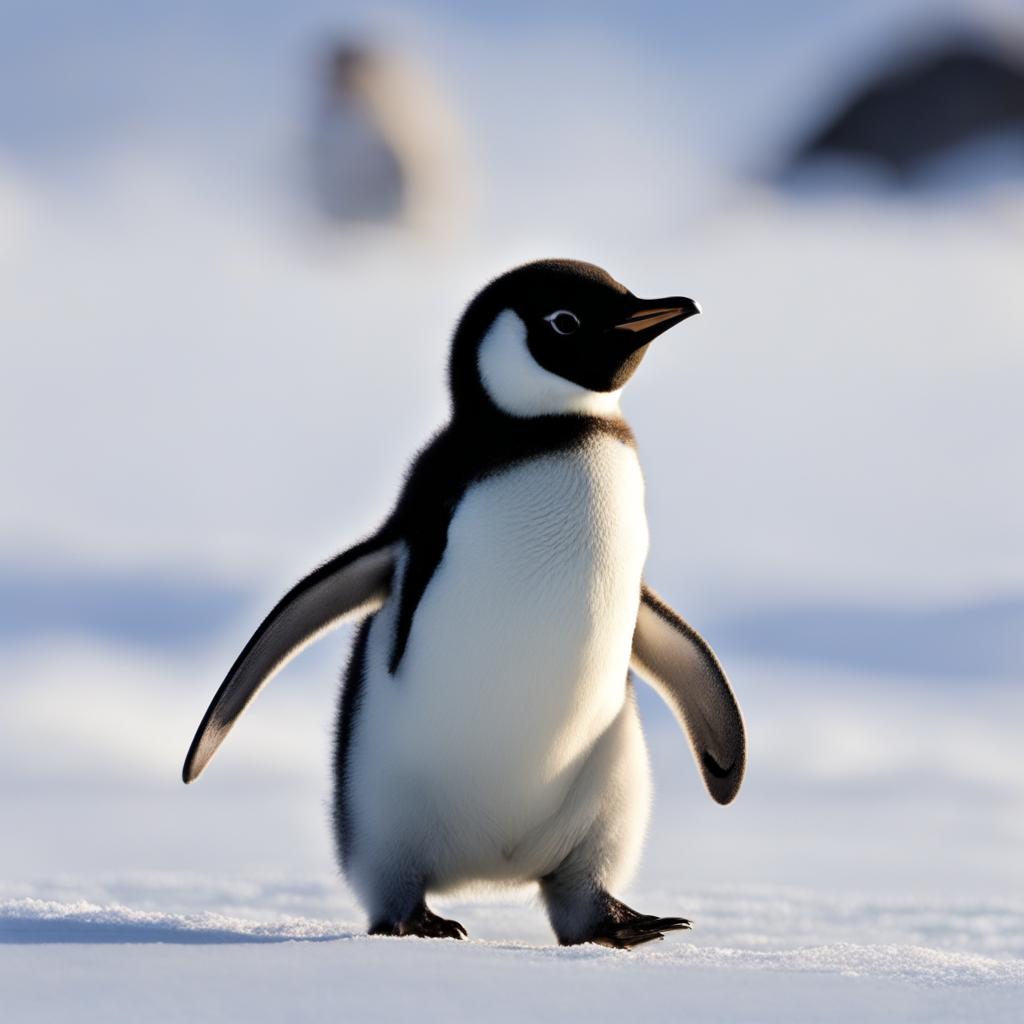 baby penguin waddling clumsily on the icy tundra. 