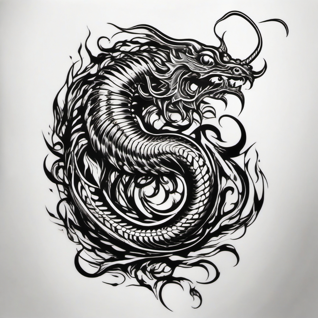 Centipede with fiery flames design: Symbolizing intensity and passion in ink.  black white tattoo, white background