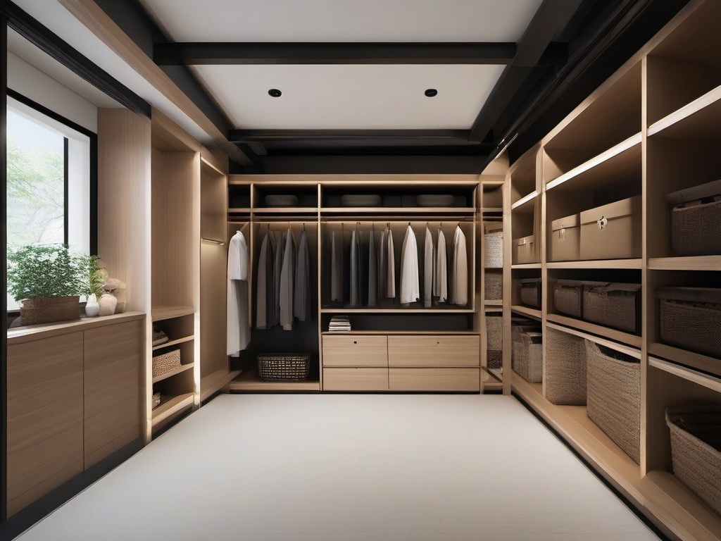 The storage room showcases Japanese Zen interior design with organized bins, clean lines, and a minimalist aesthetic that maximize efficiency while maintaining a serene environment.  