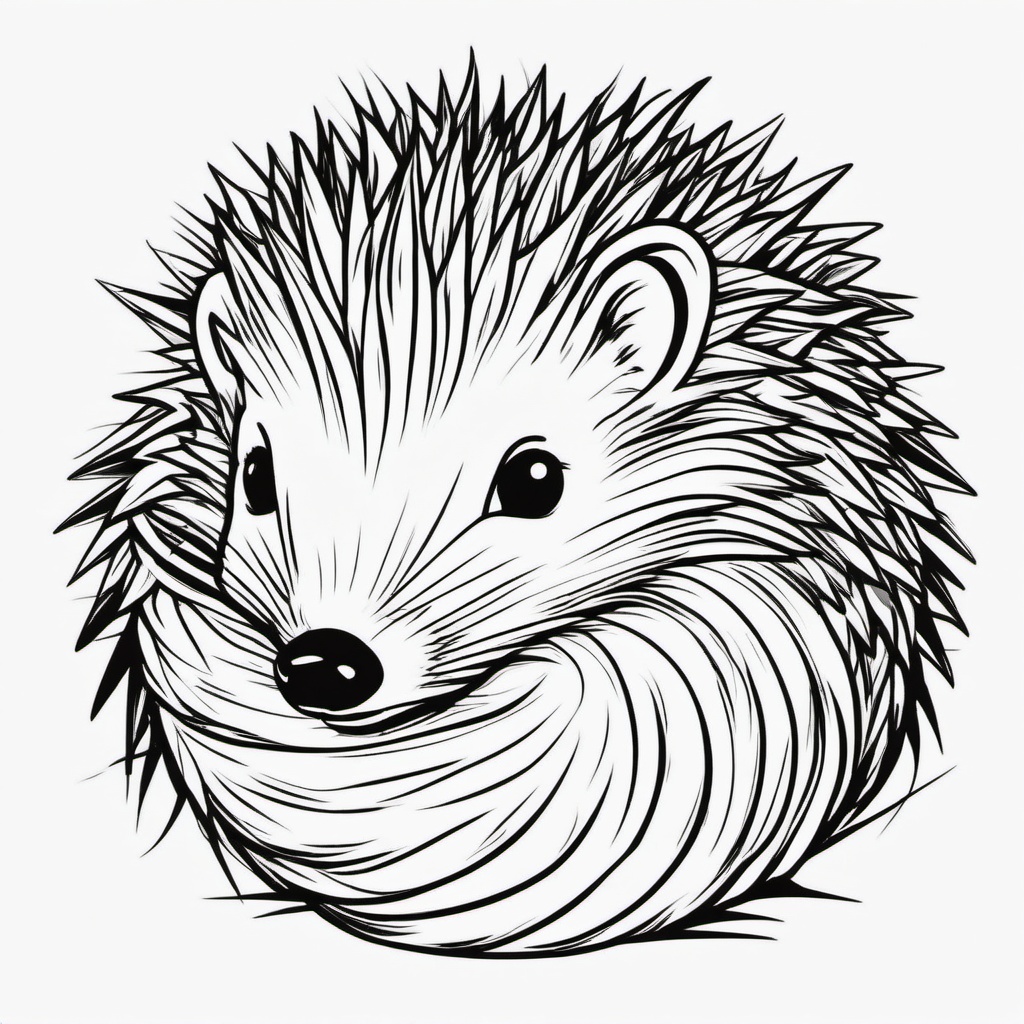 Hedgehog Tattoo - Adorable hedgehog curled up into a spiky ball  few color tattoo design, simple line art, design clean white background