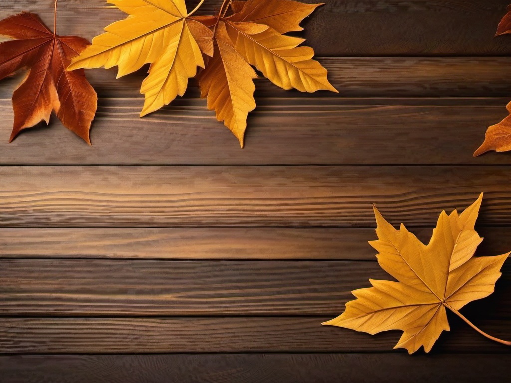 Thanksgiving Wallpaper-Golden leaves gracefully fall on a rustic wooden table, a warm glow illuminating a cozy Thanksgiving scene.  aesthetic background wallpaper