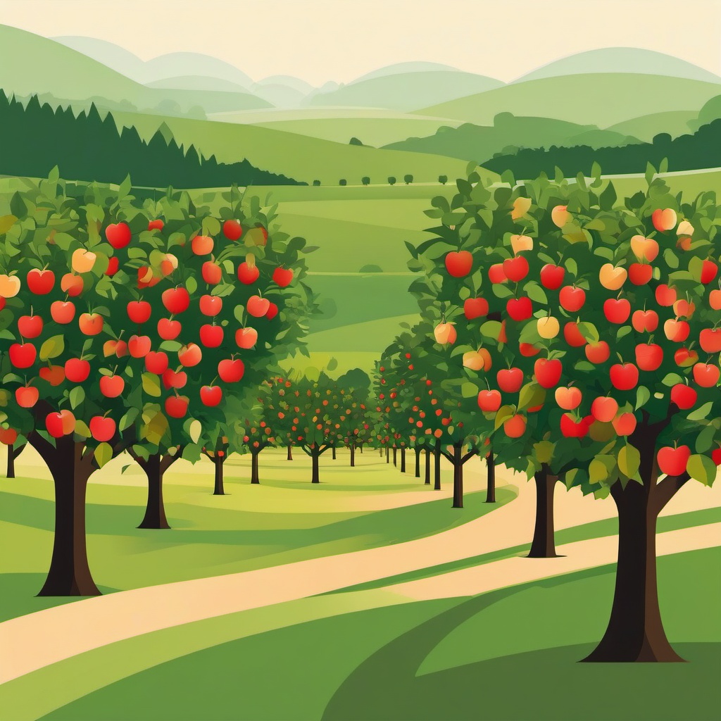 Apple Orchard Clipart - An apple orchard with apple-laden trees.  color vector clipart, minimal style