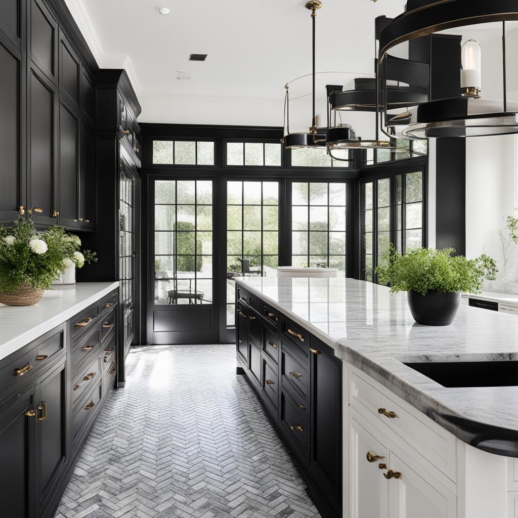 classic black and white kitchen with marble countertops and subway tile. 