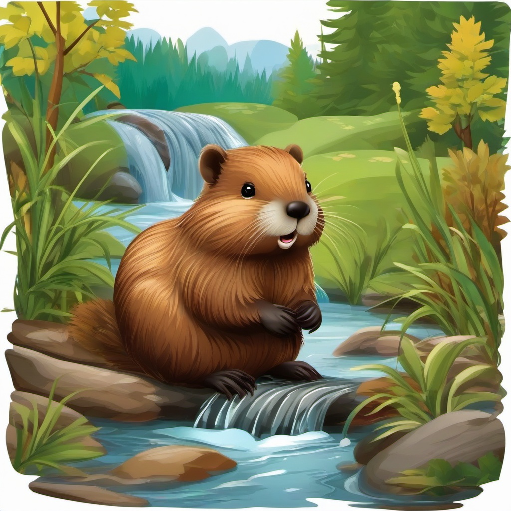 Cute beaver in a stream clipart, cute colorful realistic 