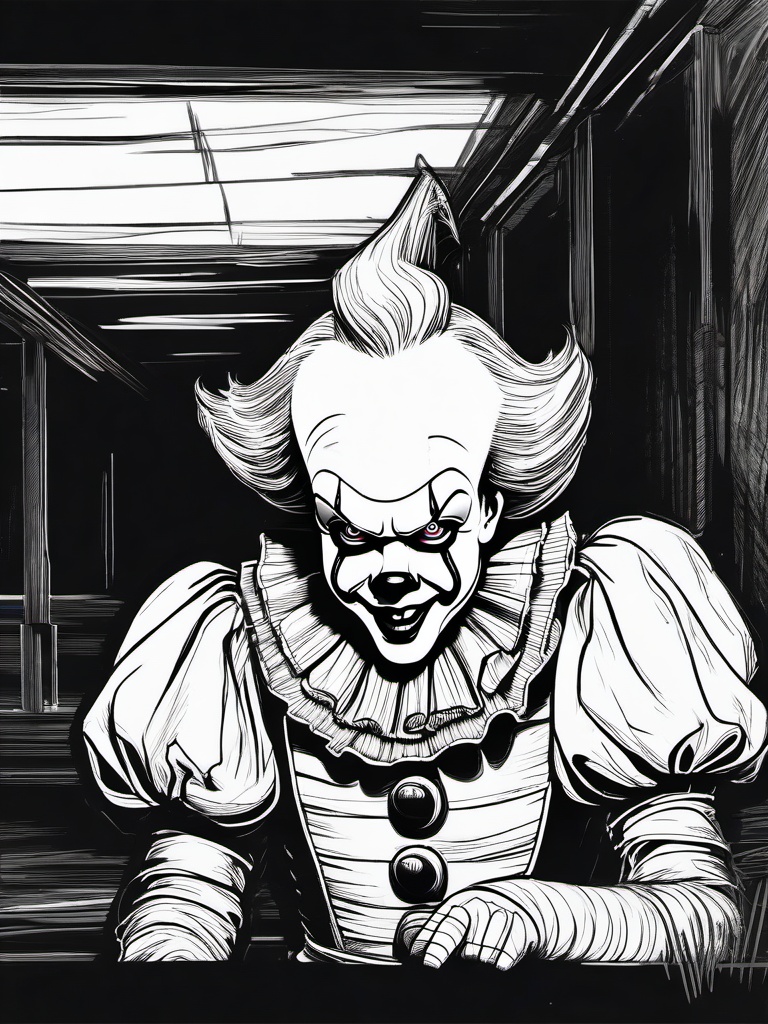 drawing of Pennywise in a dark, abandoned place  minimal rough sketch scribbles,doodles,black and white