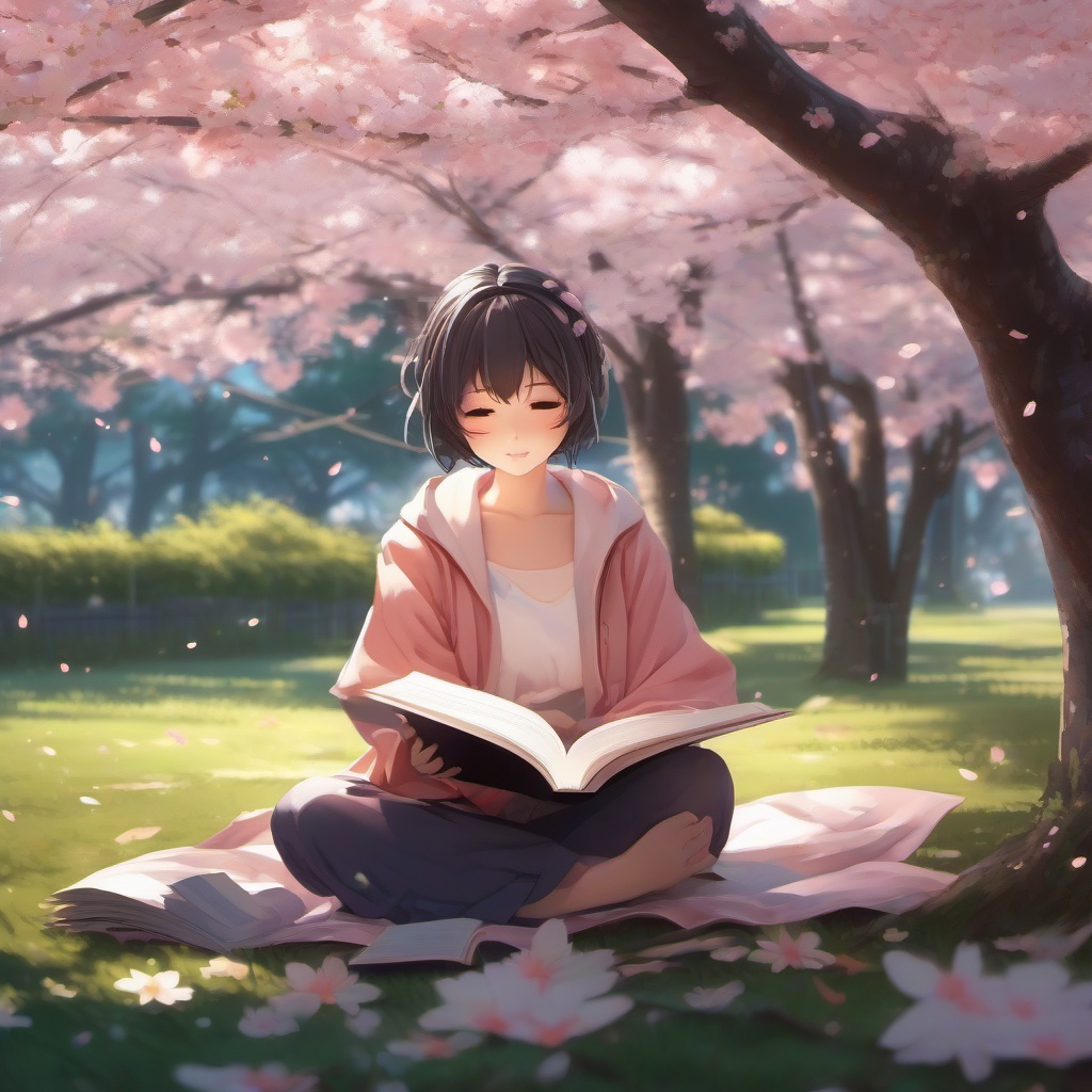 Laid-back anime character reading a book under a sakura tree.  front facing ,centered portrait shot, cute anime color style, pfp, full face visible