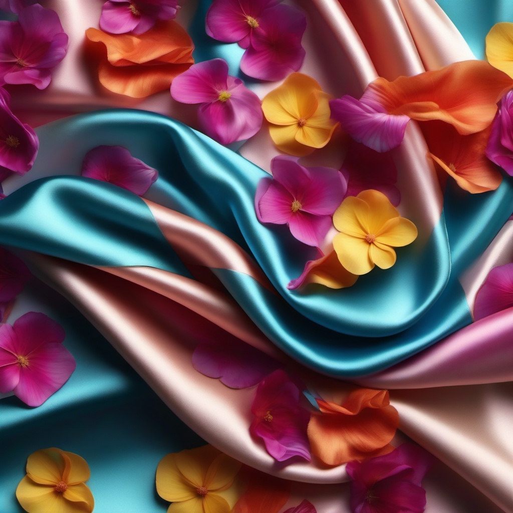 silk cloth  and flower petals strewn over, top view multicoloured, photo realistic background, hyper detail, high resolution