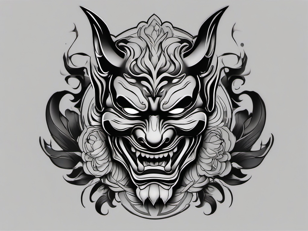 Hannya Tattoo Black and Grey - Black and grey Hannya mask tattoo.  simple color tattoo,white background,minimal