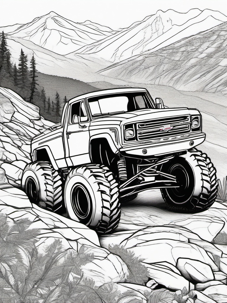 Monster Truck on Rocky Terrain Coloring Pages - Trucks Climbing Rough Mountain Rocks  minimal black outline printable sheet, coloring page