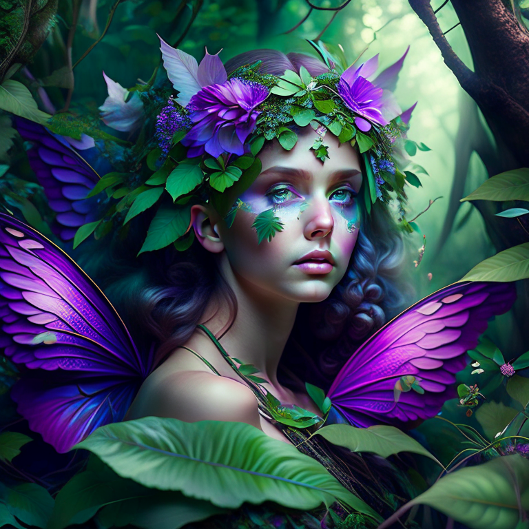 elusive forest nymph with ethereal wings, camouflaged among leaves and blossoms. 