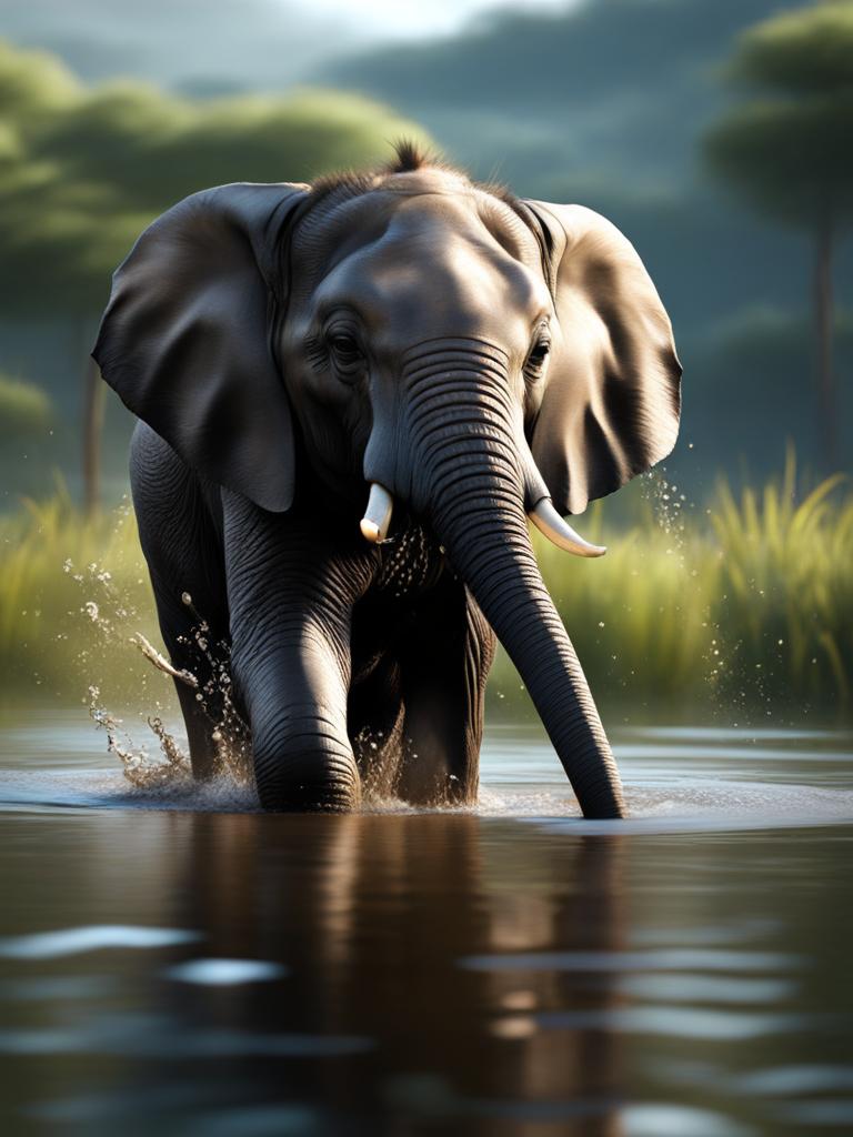 elephant calf splashing joyfully in a tranquil watering hole 8k ultrarealistic cinematic 