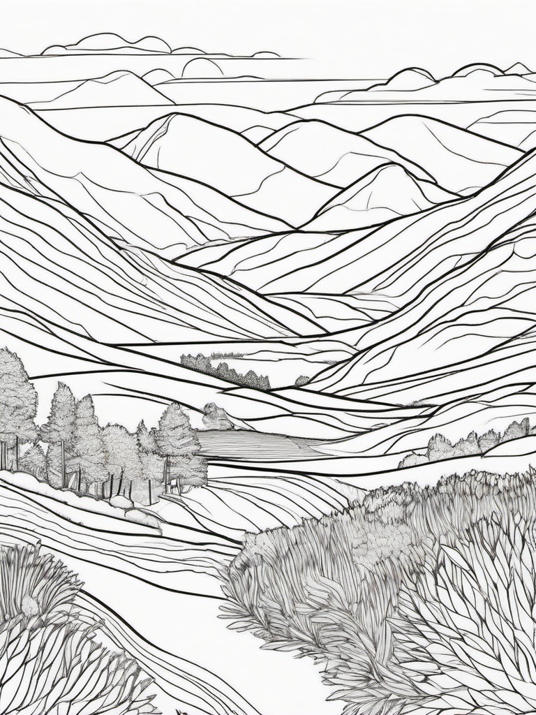 Autumn Landscape Coloring Pages - Scenic View of Colorful Hills  minimal black outline printable sheet, coloring page