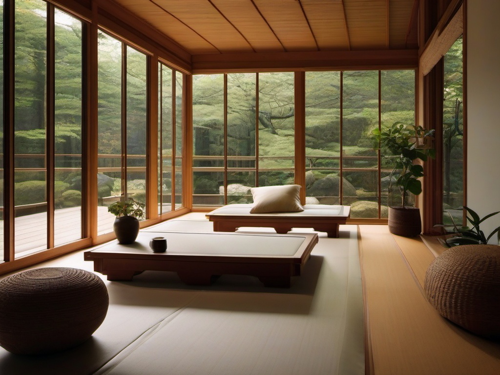 A sunroom with Japanese Zen interior design highlights large windows, natural light, and a connection to nature, creating a bright and calming space to enjoy the outdoors.  