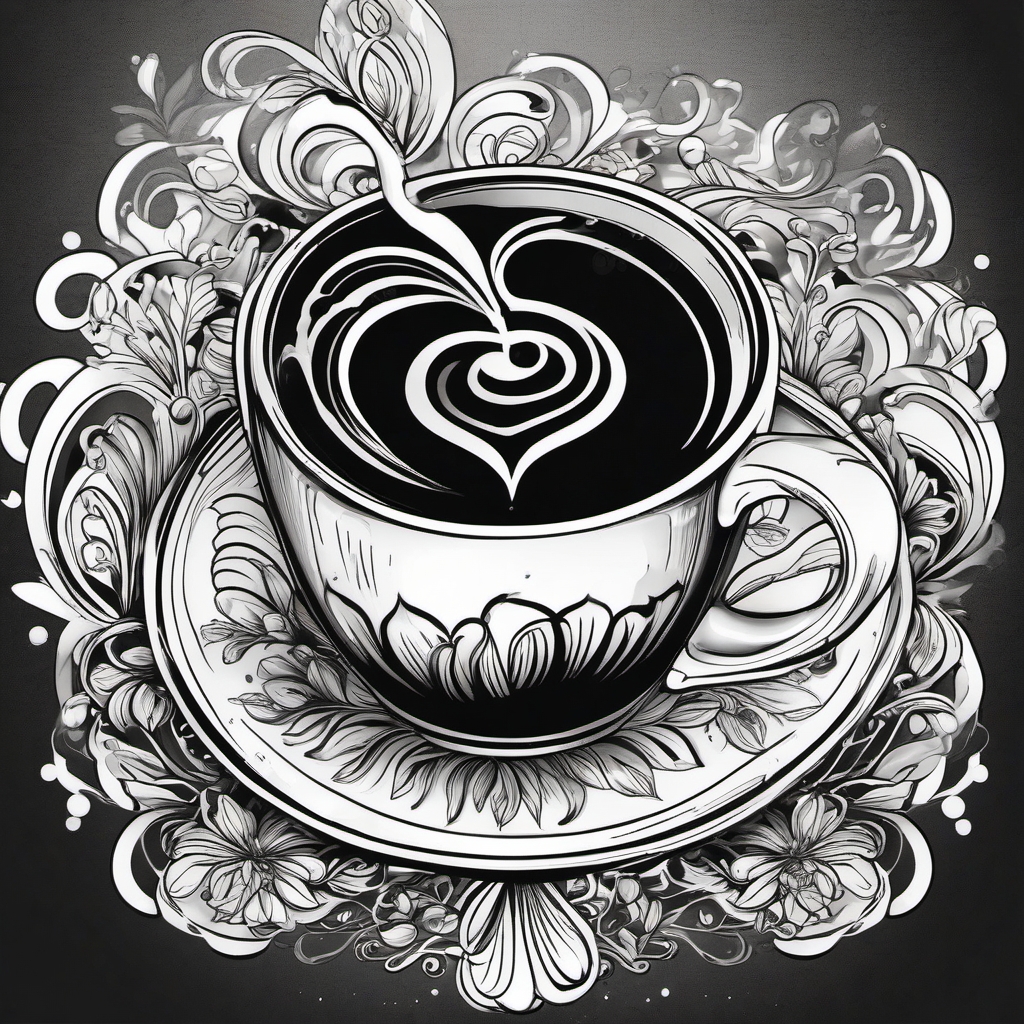 Coffee cup and heart tattoo: Love brewing in every pour.  black and white tattoo style