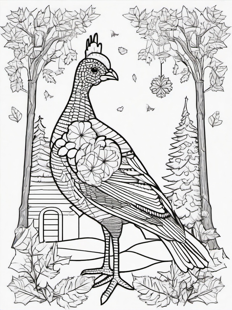 Turkey and Autumn Tree Coloring Pages - Festive Scene with a Turkey and Tree  minimal black outline printable sheet, coloring page