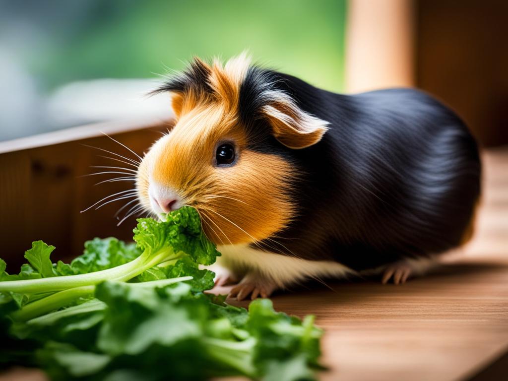 fuzzy baby guinea pig nibbling on fresh greens. 