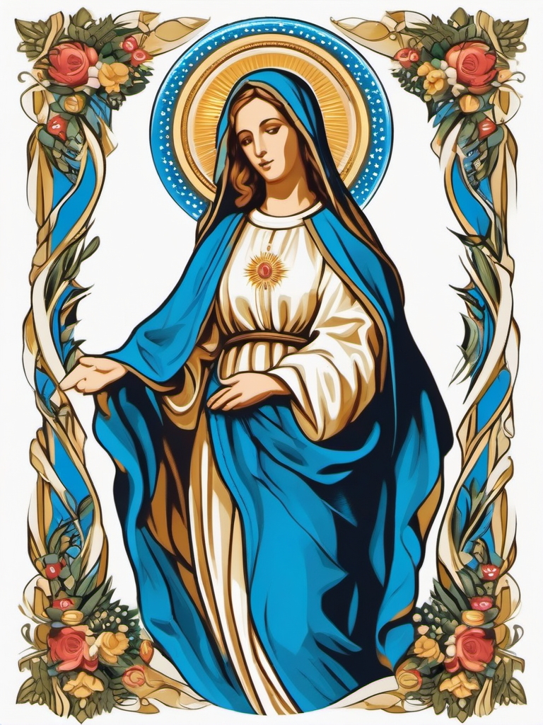 Immaculate Conception design: Mary's purity and grace in Catholic doctrine.  color tattoo style, white background