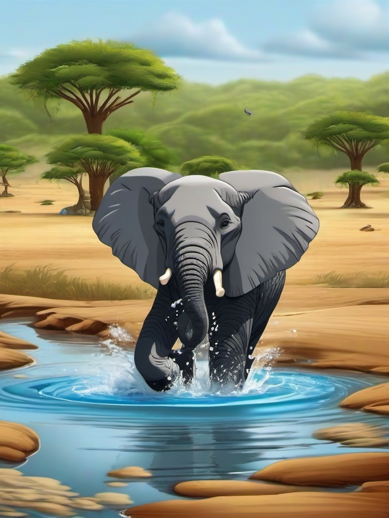 Elephant cartoon - Elephant splashing in a waterhole  