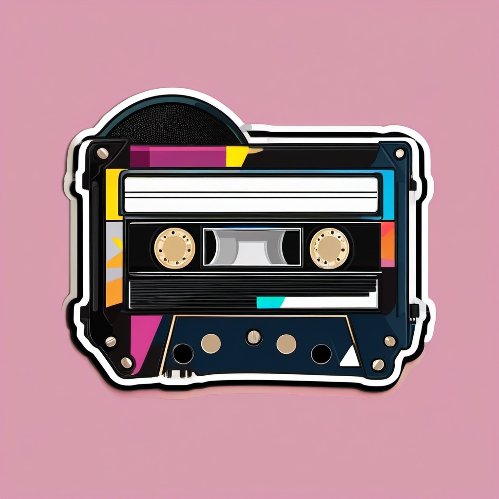 Cassette tape and microphone sticker- Musical nostalgia, , sticker vector art, minimalist design