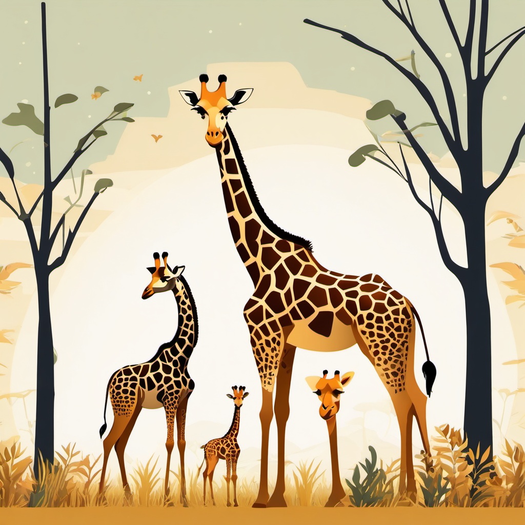 Giraffe Family Clip Art - Family of giraffes in the savanna,  color vector clipart, minimal style