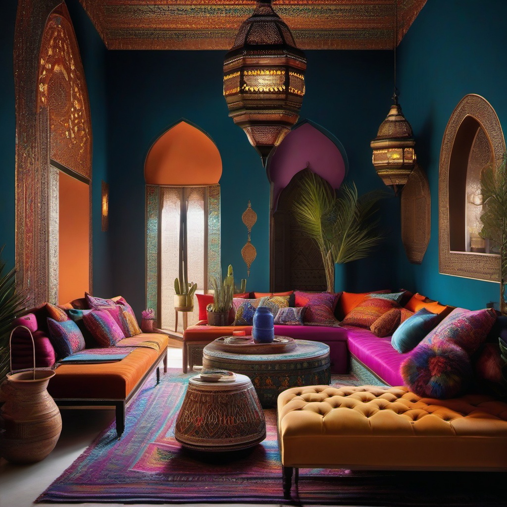 Mystical Moroccan Retreat - Transport your living room to the enchanting world of Morocco. , living room decor ideas, multicoloured, photo realistic, hyper detail, high resolution,