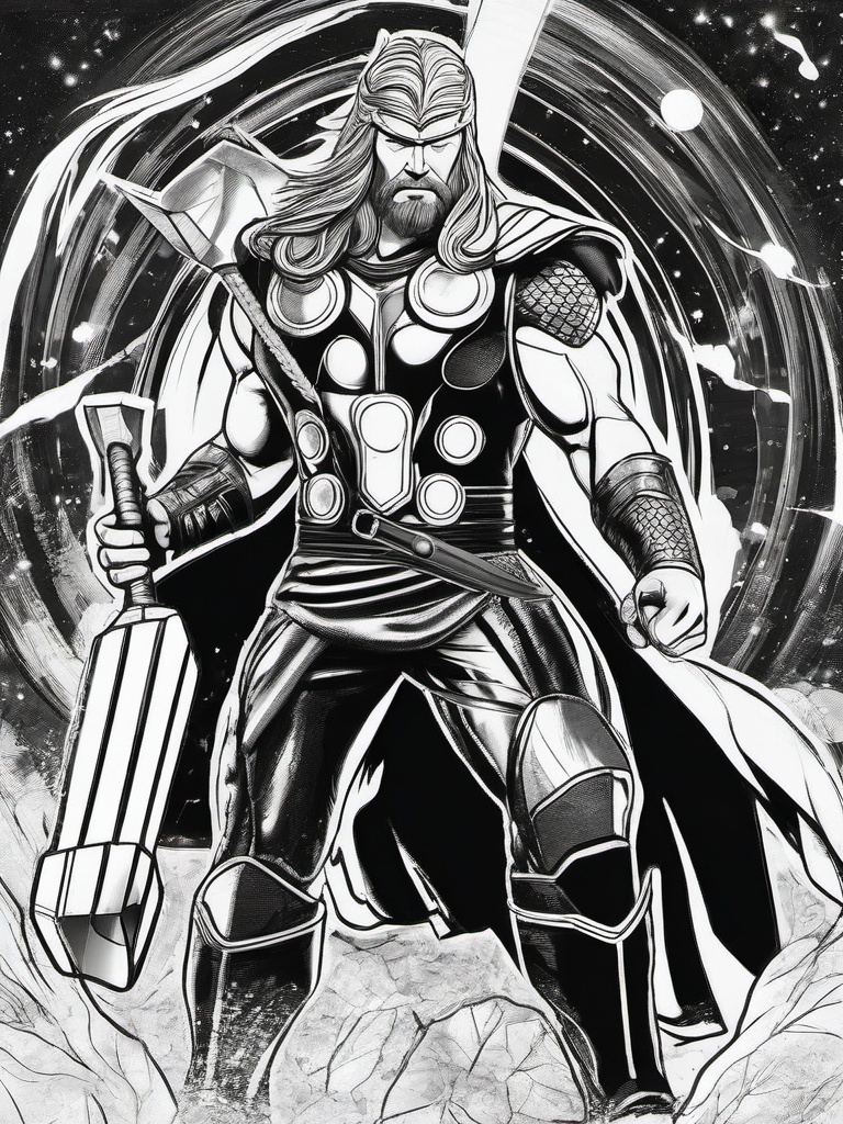 drawing of Thor holding his hammer Mjölnir  minimal rough sketch scribbles,doodles,black and white