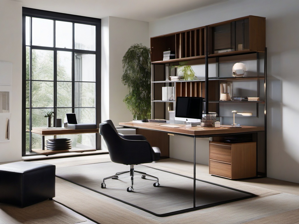 Bauhaus home office includes a modular desk, functional shelving, and ergonomic seating, designed for efficiency and productivity with a minimalist aesthetic.  