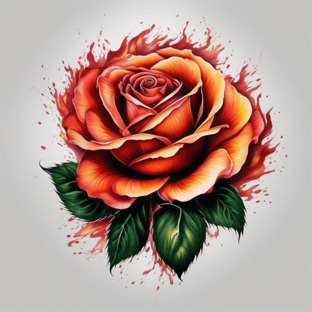 rose in fire tattoo  simple color tattoo,white background