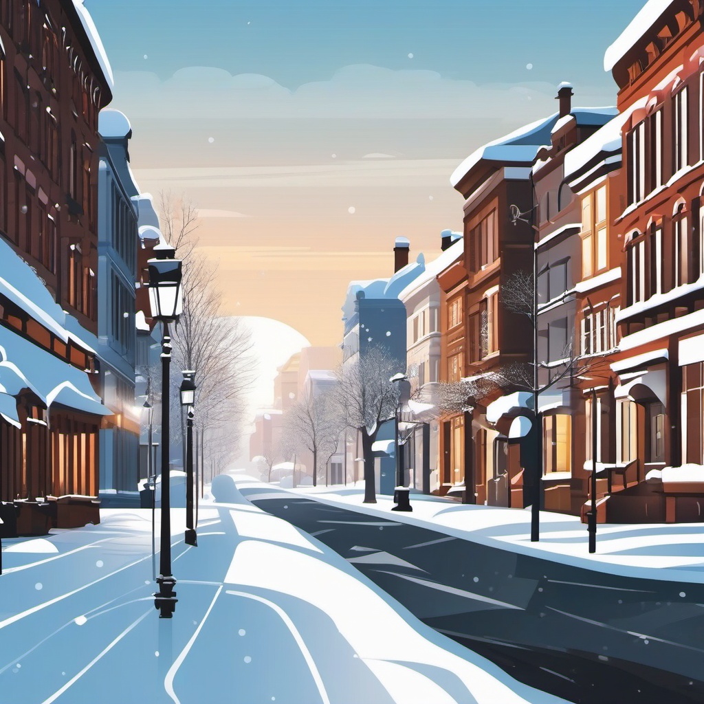 Winter City Street Scene clipart - City street covered in snow, ,vector color clipart,minimal