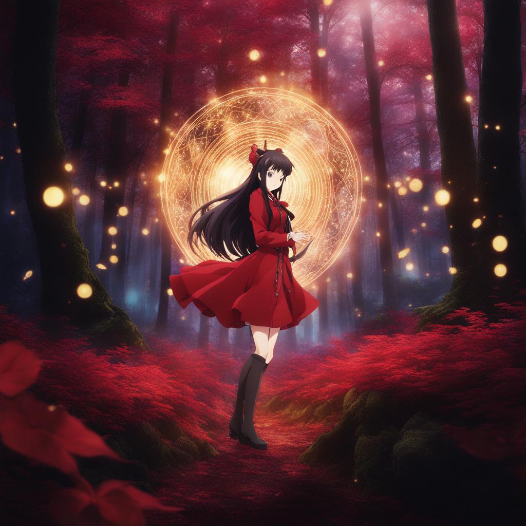 rin tohsaka incants spells in a mystical forest, surrounded by swirling magic circles. 