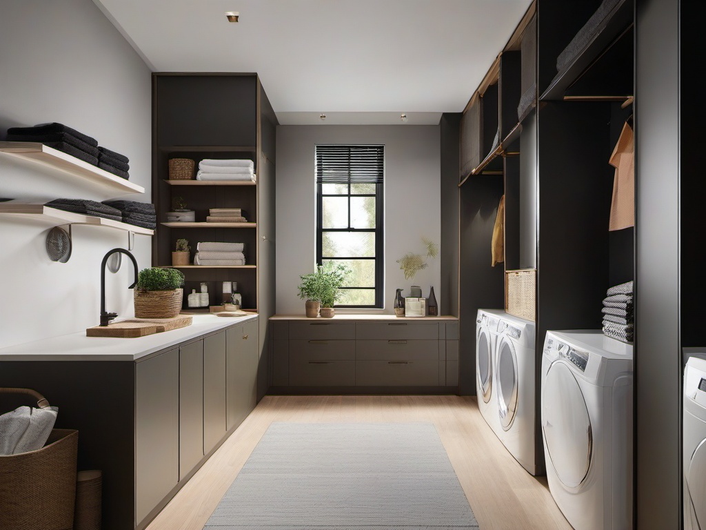 In the laundry room, Bauhaus interior design includes open shelving, simple cabinetry, and a clean workspace that makes chores feel more organized and efficient.  