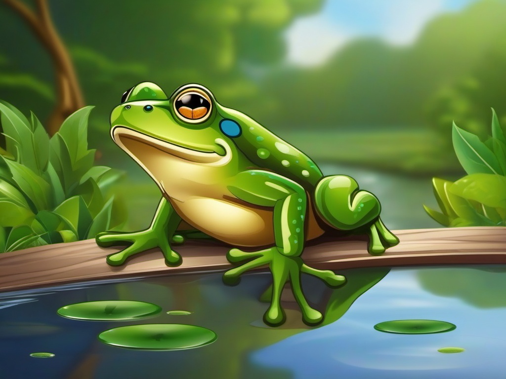 Frog Cartoon - Cartoon of frog leaping in a pond  