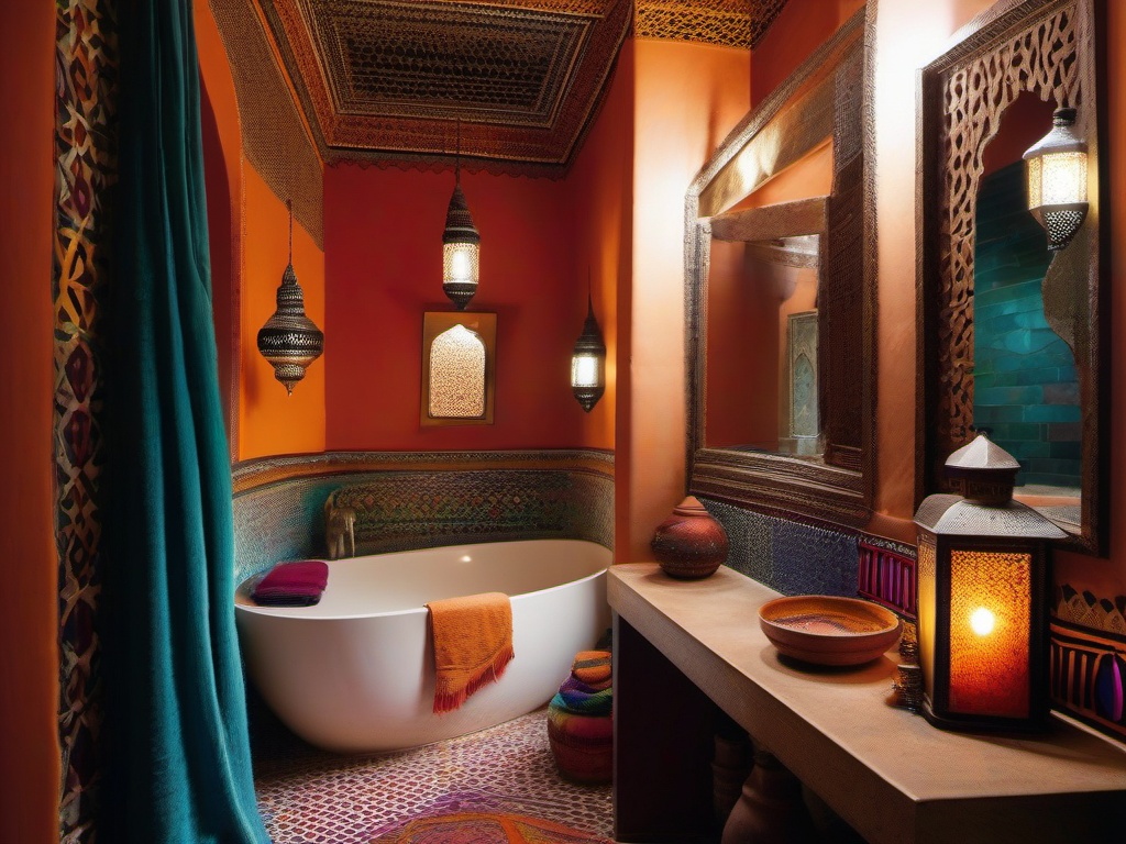 Moroccan small bathroom dazzles with vibrant tiles, intricate lanterns, and colorful textiles, creating an exotic and inspiring space.  