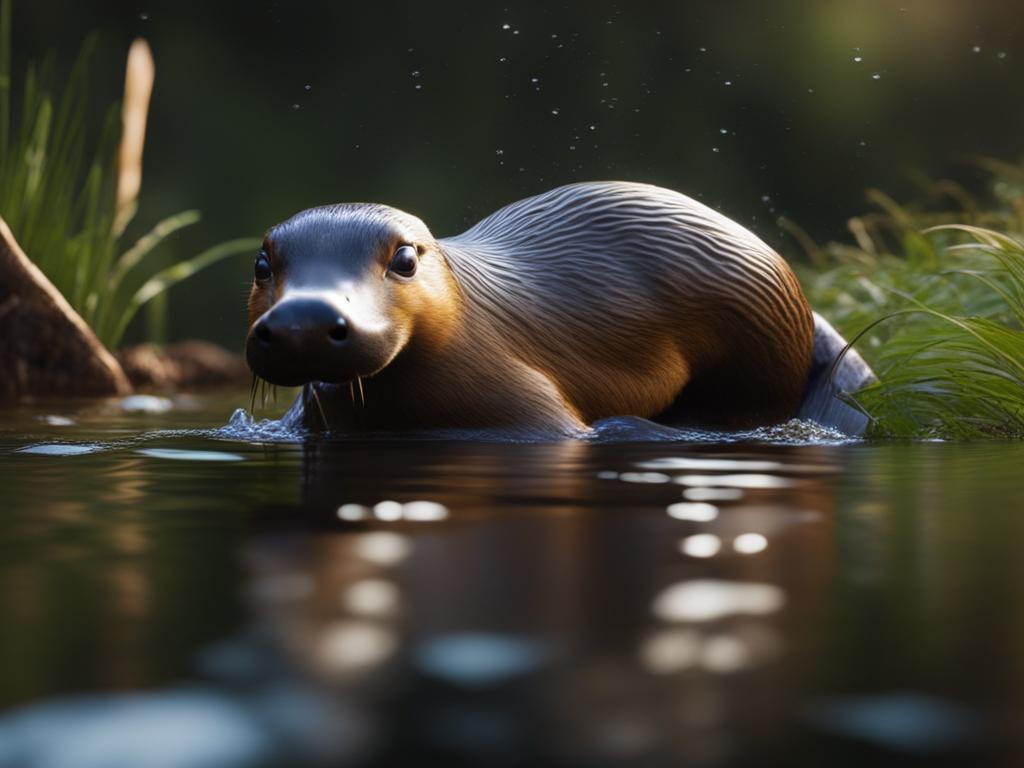 platypus puggle splashing in a serene freshwater creek 8k ultrarealistic cinematic 