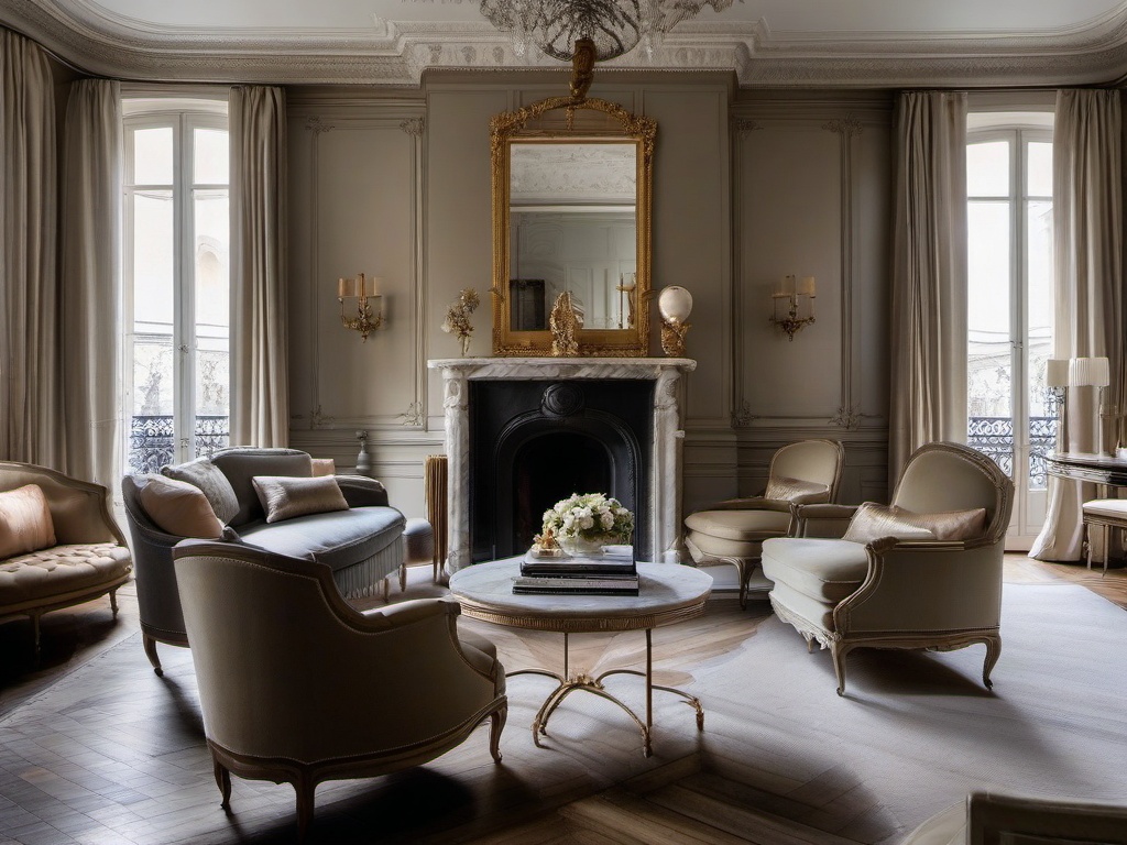 Parisian living room features elegant antique furniture, herringbone floors, and a marble fireplace for a sophisticated French look.  