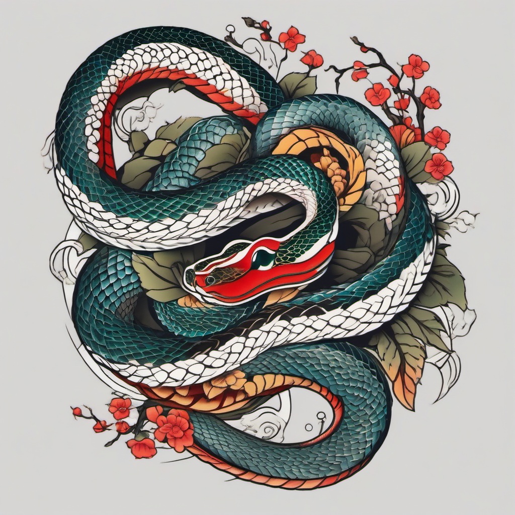 japanese traditional snake tattoo  simple color tattoo,white background,minimal