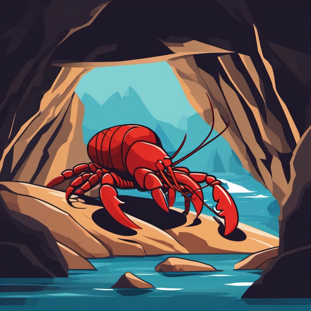 Hidden Lobster in Rocky Cavern Clip Art - A lobster hiding in a secluded rocky cavern,  color vector clipart, minimal style