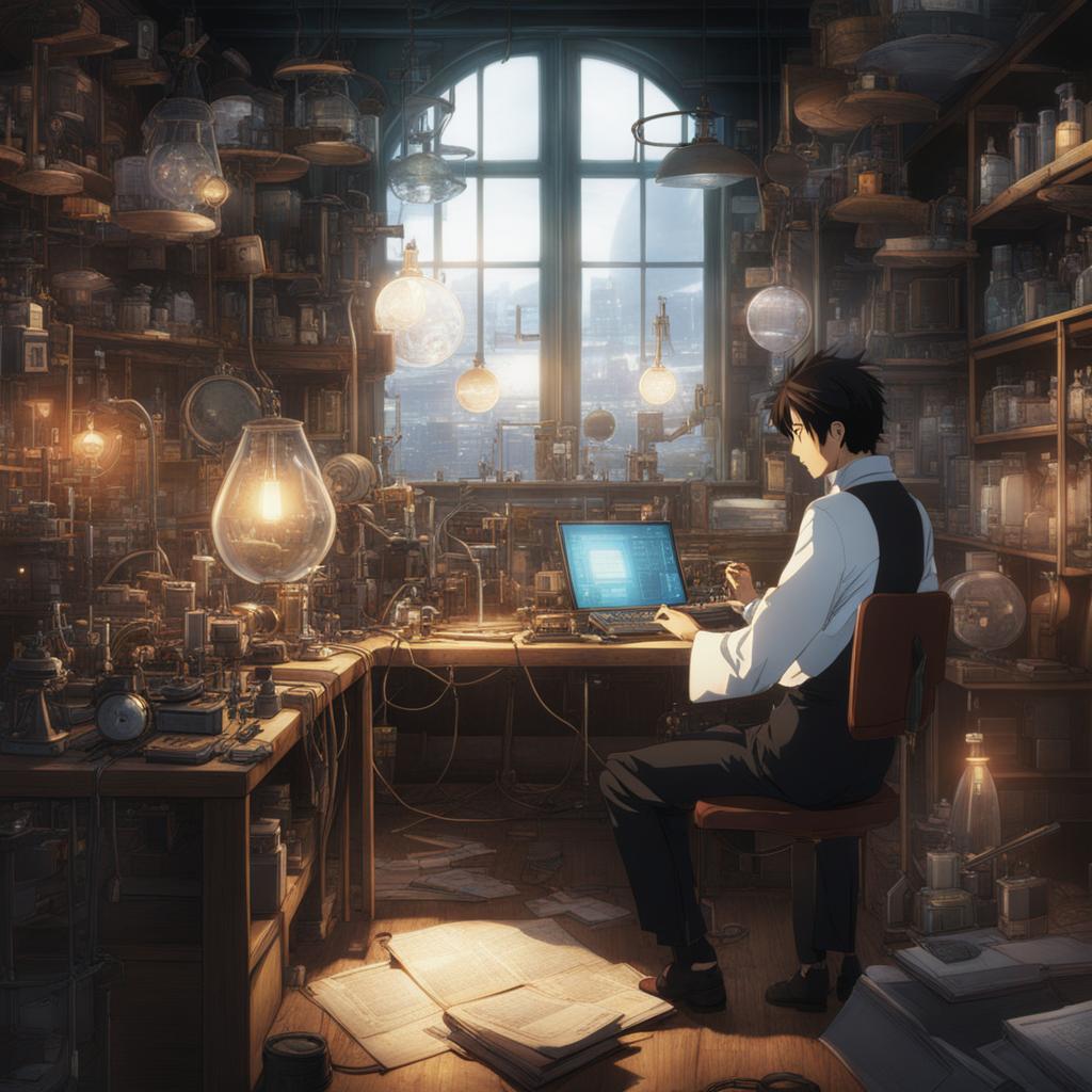 rintarou okabe experiments with time-travel gadgets in a cluttered laboratory. 