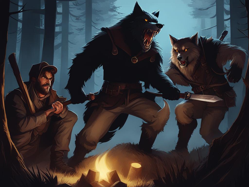 werewolf hunting party - illustrate a group of characters embarking on a mission to hunt down a menacing werewolf. 