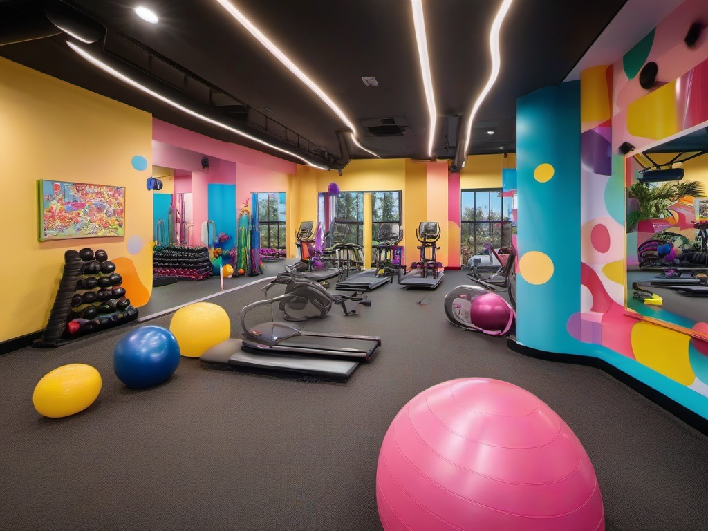 Candy Land gym room incorporates bright exercise equipment, colorful decor, and playful accents, creating a fun and energetic space for workouts.  